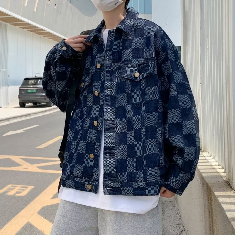 High-End Sense Personalized Jacquard Denim Jacket Men'S Couple Men'S And Women'S Loose Chessboard Plaid Casual Jacket Trendy - Image 1