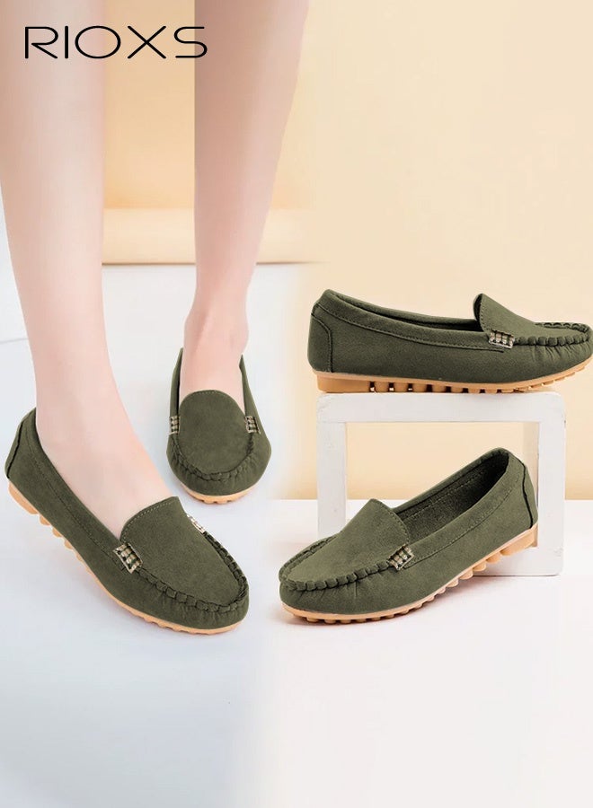 RIOXS Women's Slip-ons Loafer, Suede Cozy Moccasin Penny Loafer for Women, Fashion Casual Slip On Flats, Ladies Flat Loafer Shoes, Lightweight Walking Shoes, Woman Comfort Shoes, Anti-slip Loafers for Driving/ Work/ Offcie/ Shopping/ Daily Wear, Classic Green Footwear Womans Loafers - Image 1