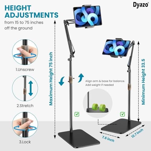 Dyazo Adjustable Floor Stand with 360° Rotating Gooseneck Long Arm | Dual Mobiles & Tablets Holder with Stable Base | Fits 4-12.9 Inch Compatible with Tablets, Galaxy Tab and Mobile Phones - Image 2