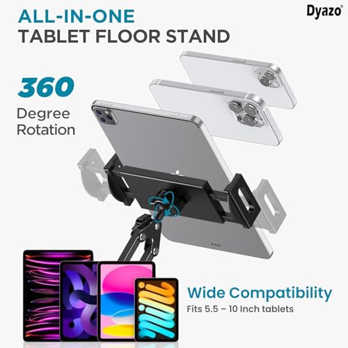 Dyazo Adjustable Floor Stand with 360° Rotating Gooseneck Long Arm | Dual Mobiles & Tablets Holder with Stable Base | Fits 4-12.9 Inch Compatible with Tablets, Galaxy Tab and Mobile Phones - Image 5
