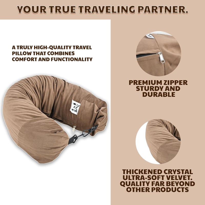 PM SQUARE PM SQUARE Stuffable Travel Neck Pillow for Extra Luggage Velvet Travel Neck Pillow Cover with Adjustable Clasp Fits 3 Days of Travel Essentials Multifunctional Sleeping Rest Cushion Brown - Image 2