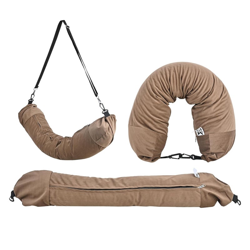 PM SQUARE PM SQUARE Stuffable Travel Neck Pillow for Extra Luggage Velvet Travel Neck Pillow Cover with Adjustable Clasp Fits 3 Days of Travel Essentials Multifunctional Sleeping Rest Cushion Brown - Image 1