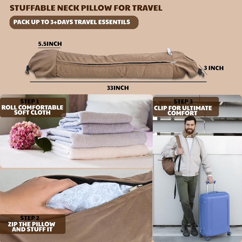 PM SQUARE PM SQUARE Stuffable Travel Neck Pillow for Extra Luggage Velvet Travel Neck Pillow Cover with Adjustable Clasp Fits 3 Days of Travel Essentials Multifunctional Sleeping Rest Cushion Brown - Image 3