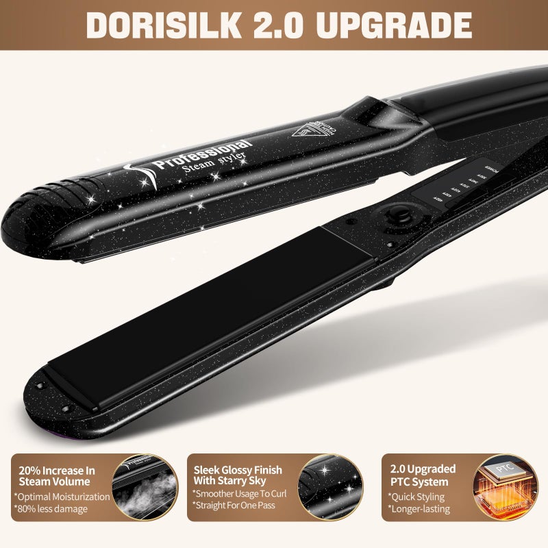 DORISILK 2.0 Upgraded Steam Straighteners for Hair, Professional Salon Ceramic Tourmaline Vapor Steam Flat Iron Hair Straightener and Curler 2 in 1 Straightening Curling Iron, Dual Voltage LED Temp - Image 4
