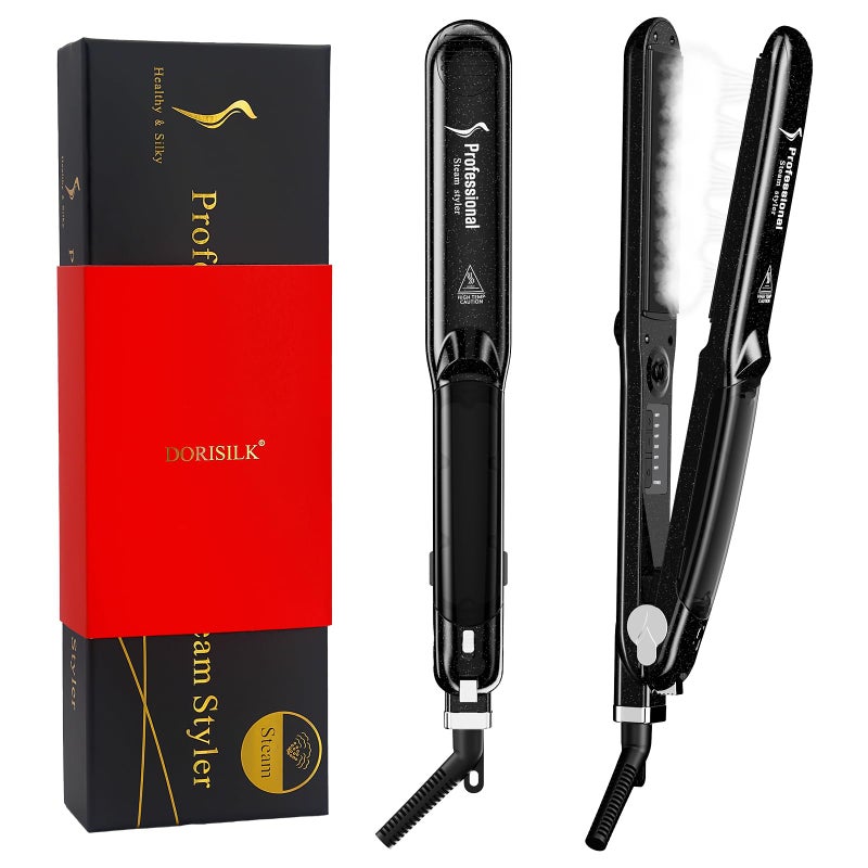 DORISILK 2.0 Upgraded Steam Straighteners for Hair, Professional Salon Ceramic Tourmaline Vapor Steam Flat Iron Hair Straightener and Curler 2 in 1 Straightening Curling Iron, Dual Voltage LED Temp - Image 1