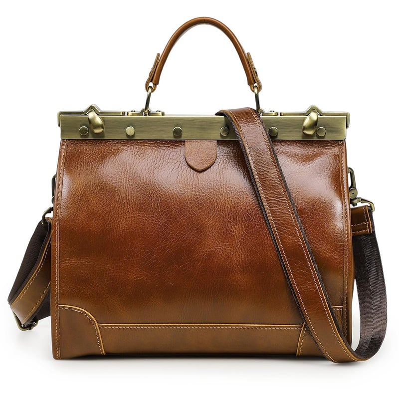 CONTACTS Full Grain Leather Doctor Bag Purse for Women Top Handle Handbag Vintage Satchel Shoulder Bag Tote Bag with Metal Clasp Frame - Image 1