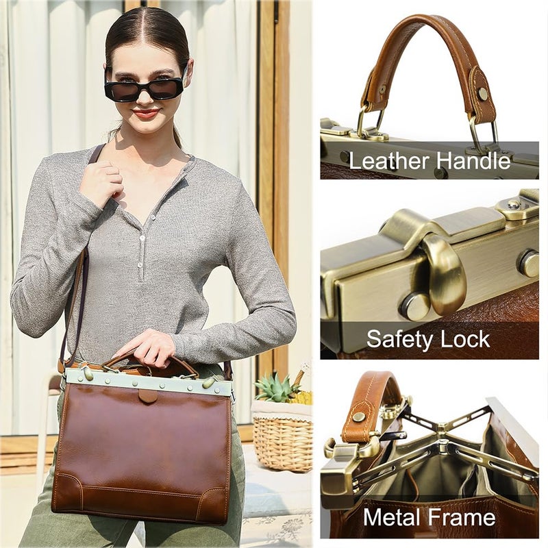 CONTACTS Full Grain Leather Doctor Bag Purse for Women Top Handle Handbag Vintage Satchel Shoulder Bag Tote Bag with Metal Clasp Frame - Image 3