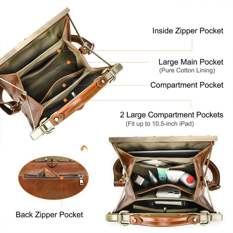 CONTACTS Full Grain Leather Doctor Bag Purse for Women Top Handle Handbag Vintage Satchel Shoulder Bag Tote Bag with Metal Clasp Frame - Image 5
