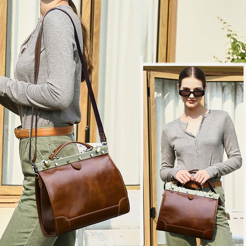 CONTACTS Full Grain Leather Doctor Bag Purse for Women Top Handle Handbag Vintage Satchel Shoulder Bag Tote Bag with Metal Clasp Frame - Image 2