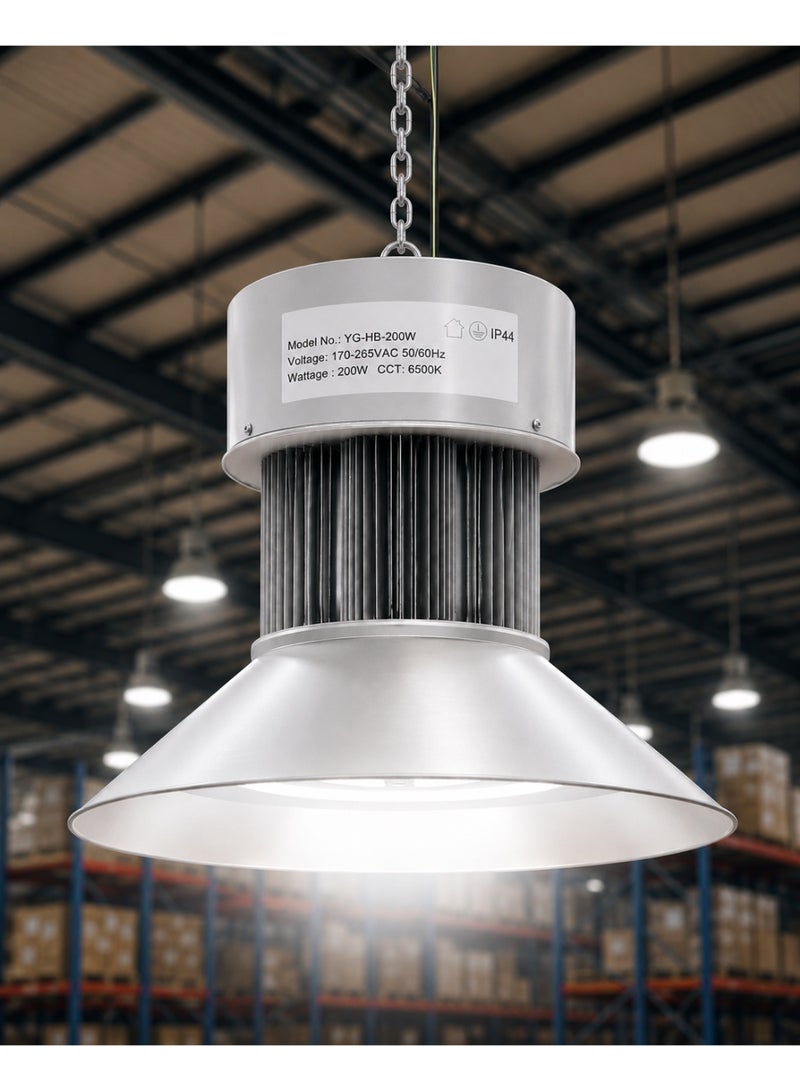 مصباح LED هاي باي صناعي 200 واط 6500 كلفن لإضاءة المستودعات، كشاف هاي باي عالي القدرة، AC170-265V، CRI 80، PF 0.9، تقنية LED بعدسات - Image 1