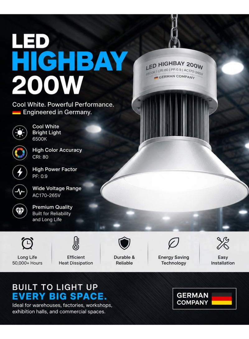 مصباح LED هاي باي صناعي 200 واط 6500 كلفن لإضاءة المستودعات، كشاف هاي باي عالي القدرة، AC170-265V، CRI 80، PF 0.9، تقنية LED بعدسات - Image 2