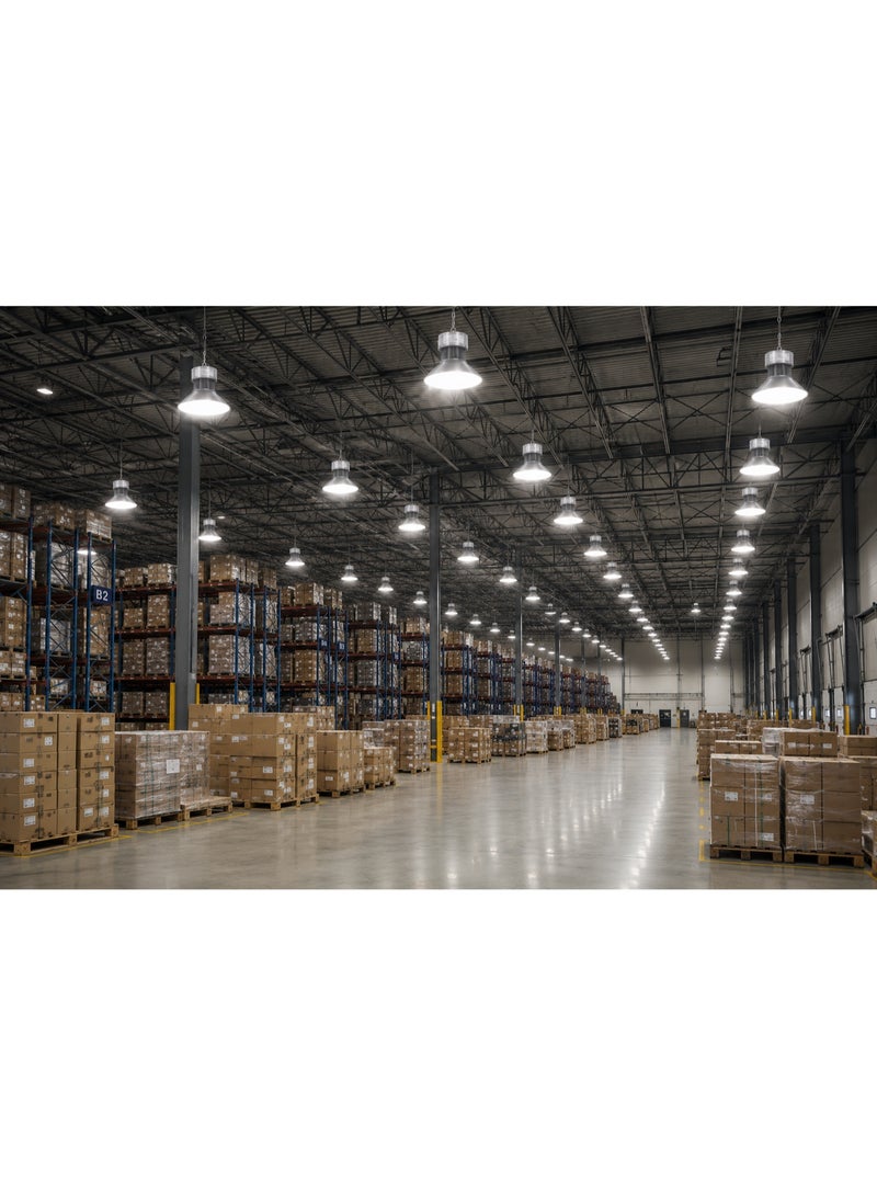 مصباح LED هاي باي صناعي 200 واط 6500 كلفن لإضاءة المستودعات، كشاف هاي باي عالي القدرة، AC170-265V، CRI 80، PF 0.9، تقنية LED بعدسات - Image 4