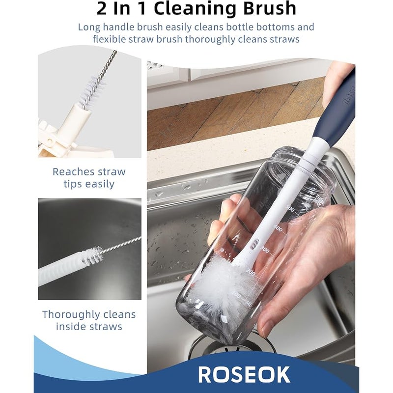 ROSEOK 2in1 Long Handle Bottle Brush with Straw Brush for Cleaning Glass, Sports Bottle, Coffee Mug,1 Pack - Image 4