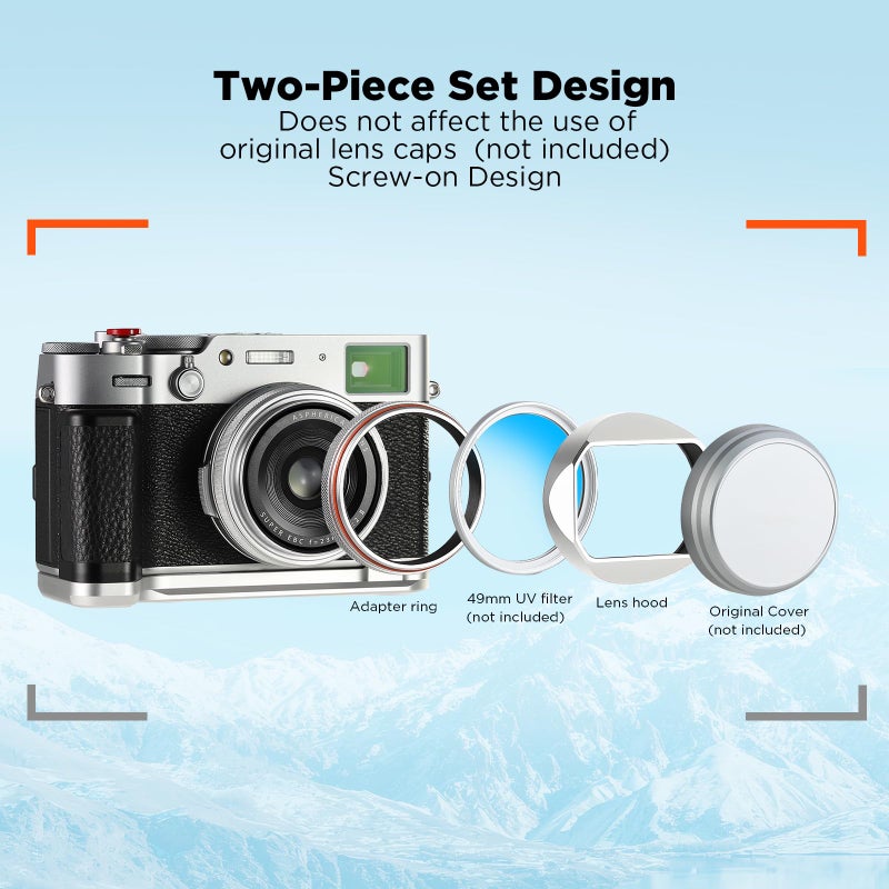 Haoge Square Metal Lens Hood for Fuji X100VI Fujifilm FinePix X100V X100F X100 X100S X100T X70 Camera Accessories Silver with Cap and 49mm Adapter Ring Kit - Image 4