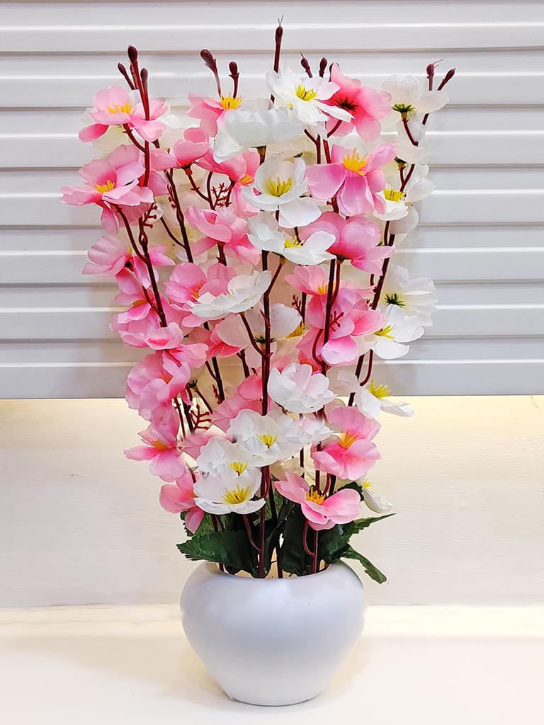 ARTSY® Artificial Flowers with Pot for Home Decoration, Ideal for Office Decor, Gifts, Craft, Artificial Plants with Pot, Pink White, Combo, 1 Piece, 45 cm Height | - Image 1