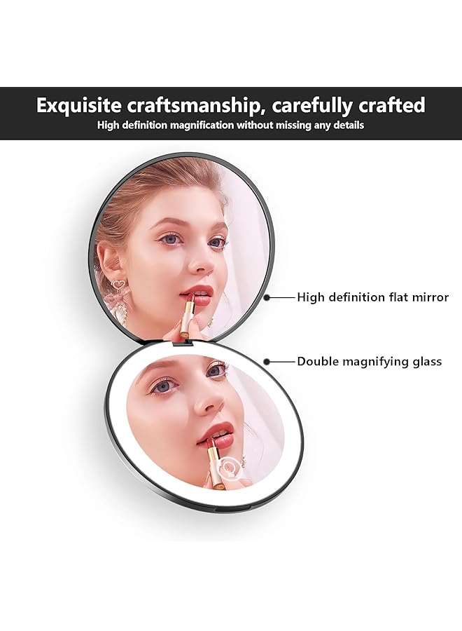 erorex Led Lighted Travel Makeup Mirror 1X 2X Magnification With Light Usb Rechargeable Double Sided Touch Screen Adjusts For Handbags Purses Pockets Gifts For Girls Portable Black Round - Image 3