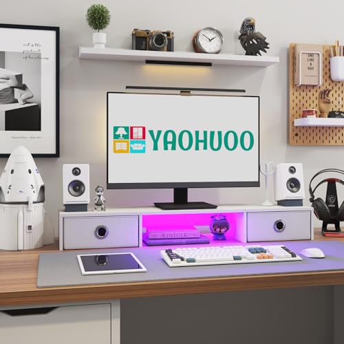 YAOHUOO Dual Monitor Stand with LED Light 2 Drawers, Computer Monitor Riser for 2 Monitors, Large Desktop Organzier with Storage for PC/Laptop/Computer/TV Screen/Printer - Image 4