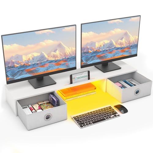 YAOHUOO Dual Monitor Stand with LED Light 2 Drawers, Computer Monitor Riser for 2 Monitors, Large Desktop Organzier with Storage for PC/Laptop/Computer/TV Screen/Printer - Image 1