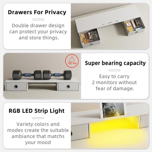 YAOHUOO Dual Monitor Stand with LED Light 2 Drawers, Computer Monitor Riser for 2 Monitors, Large Desktop Organzier with Storage for PC/Laptop/Computer/TV Screen/Printer - Image 3