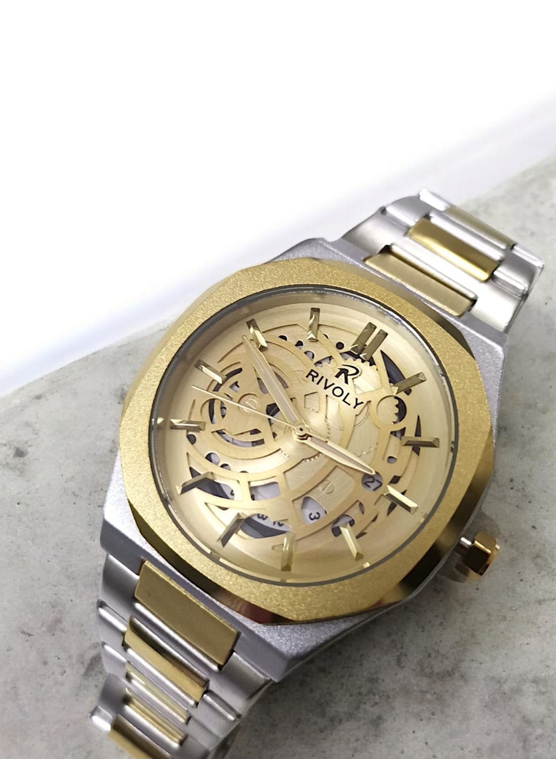 ريفولي ساعة يد للرجال من الستانلس ستيل بعرض انالوج وحركة كوارتز وعرض التاريخ، سهلة القراءة بتصميم عصري مقاوم للماء، ساعة يد كلاسيكية فاخرة بواجهة كبيرة - Image 1