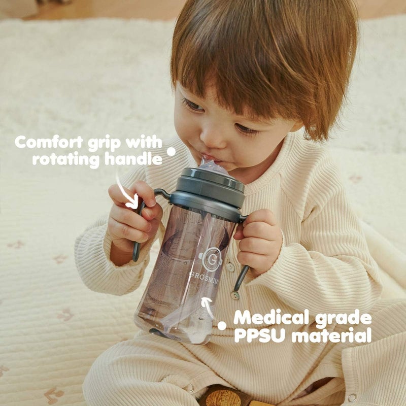 GROSMIMI Spill Proof no Spill Magic Sippy Cup with Straw with Handle for Baby and Toddlers, Customizable, PPSU, BPA Free 10 oz (Charcoal) - Image 3