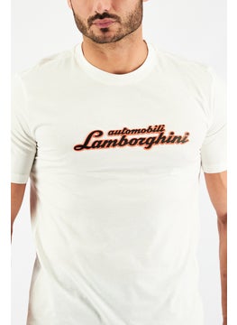 LAMBORGHINI Men Crew Neck Short Sleeve Brand Logo T-Shirt, White  - Image 3