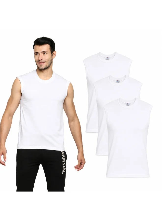 Byc MEN'S AEROCOOL (75% COTTON 25% AEROCOOL) SLEEVELESS TSHIRT VEST UNDERSHIRT - WHITE (PACK OF 3)