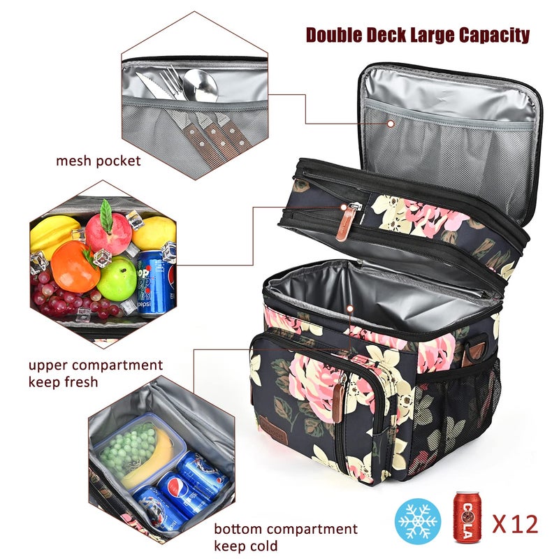 MIYCOO Lunch Bag & Lunch Box for Women Men, Double Deck Leakproof Insulated Soft Large Adult Camping Cooler bag for Work, Beach, Picnic, Travel (Flower, 15L) - Image 5