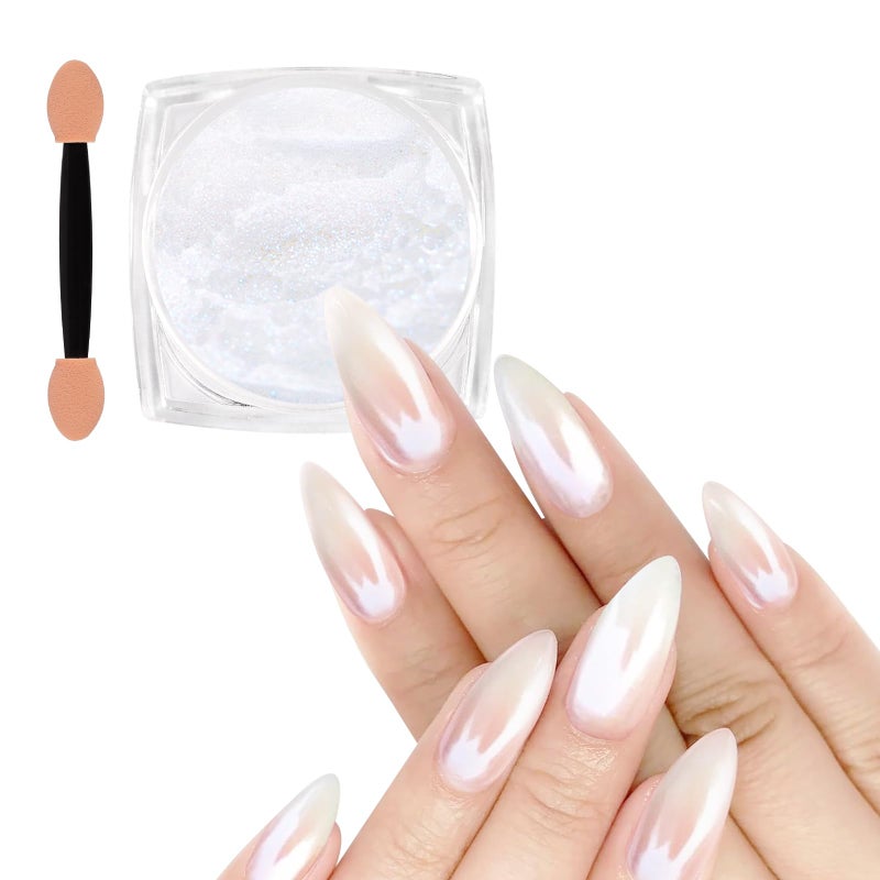 Allstarry White Pearl Chrome Nail Powder, Iridescent Aurora Powder Metallic Mirror Effect Glitter Powder Pearlescent Ice Transparent Mermaid Pigment Pearl Glitter Dust Kit for Nail Art Decoration - Image 1
