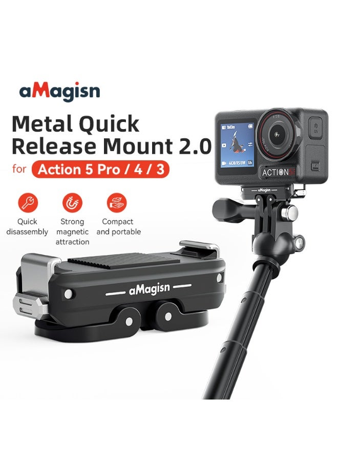 aMagisn قاعدة تثبيت مغناطيسية سريعة لكاميرا DJI Action 5 Pro / 4 / 3، تصميم معدني خفيف مع مغناطيس قوي، منفذ برغي 1/4 وشوكتين، مضاد للاهتزاز وصغير الحجم - Image 2
