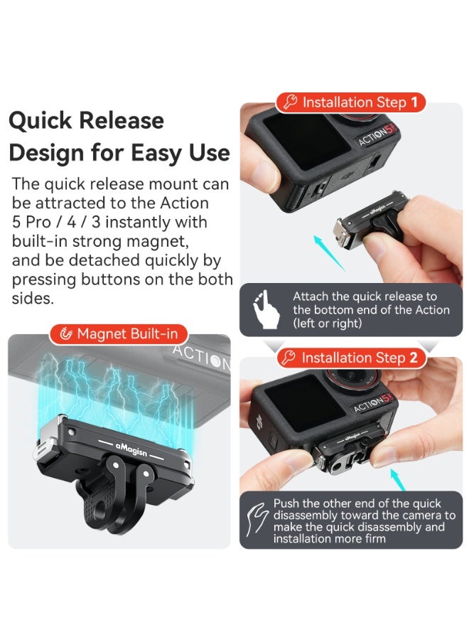 aMagisn قاعدة تثبيت مغناطيسية سريعة لكاميرا DJI Action 5 Pro / 4 / 3، تصميم معدني خفيف مع مغناطيس قوي، منفذ برغي 1/4 وشوكتين، مضاد للاهتزاز وصغير الحجم - Image 3