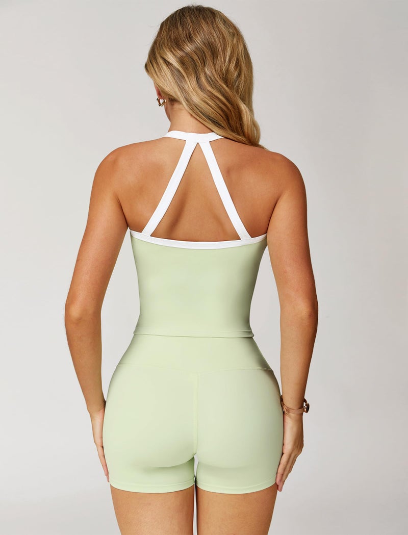 ABOCIW Womens Workout Sets Color Block Longline Sports Bra High Waist Biker Shorts 2 Piece Gym Sets Yoga Pilates Outfits Athletic Work Out Clothes White Trim Light Green Small - Image 2
