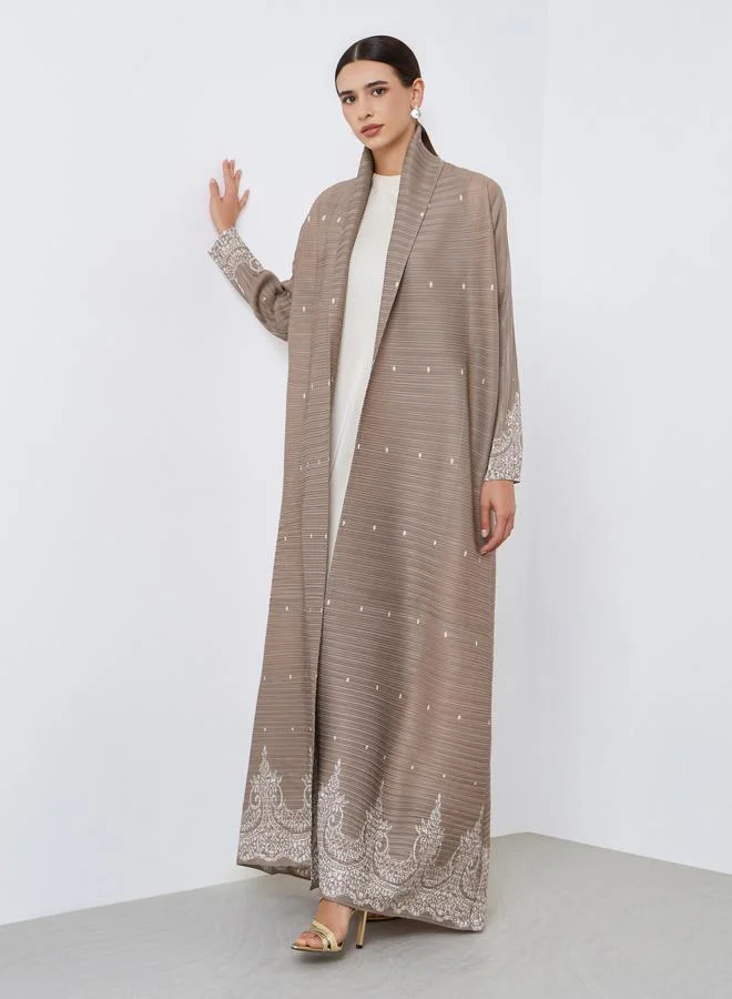 Take Two Floral Printed Textured Pleated Belted Long Sleeve Abaya