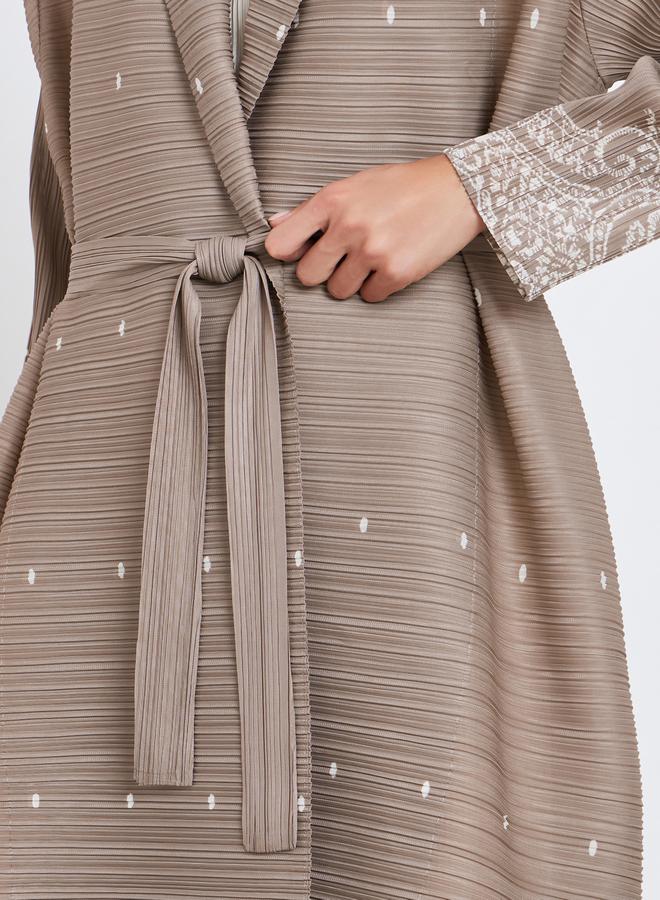 Take Two Floral Printed Textured Pleated Belted Long Sleeve Abaya - Image 4