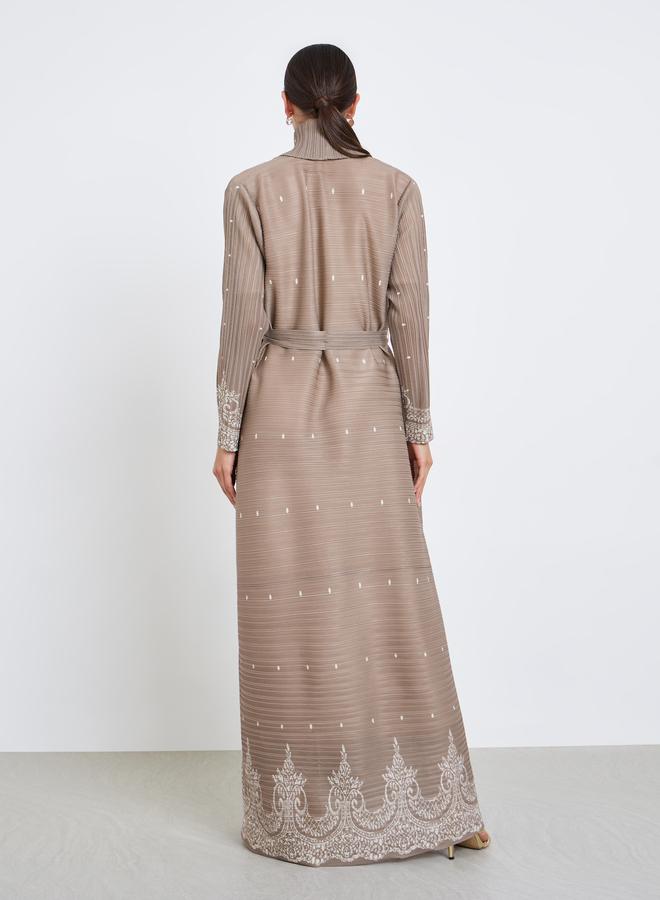 Take Two Floral Printed Textured Pleated Belted Long Sleeve Abaya - Image 5