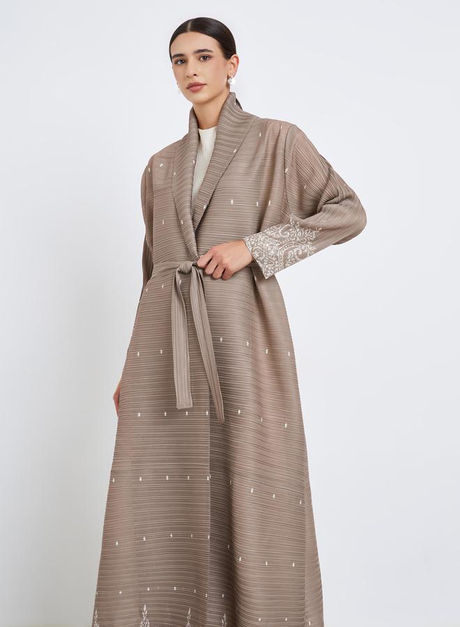 Take Two Floral Printed Textured Pleated Belted Long Sleeve Abaya - Image 3