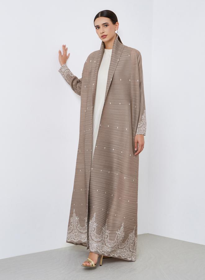 Take Two Floral Printed Textured Pleated Belted Long Sleeve Abaya - Image 1