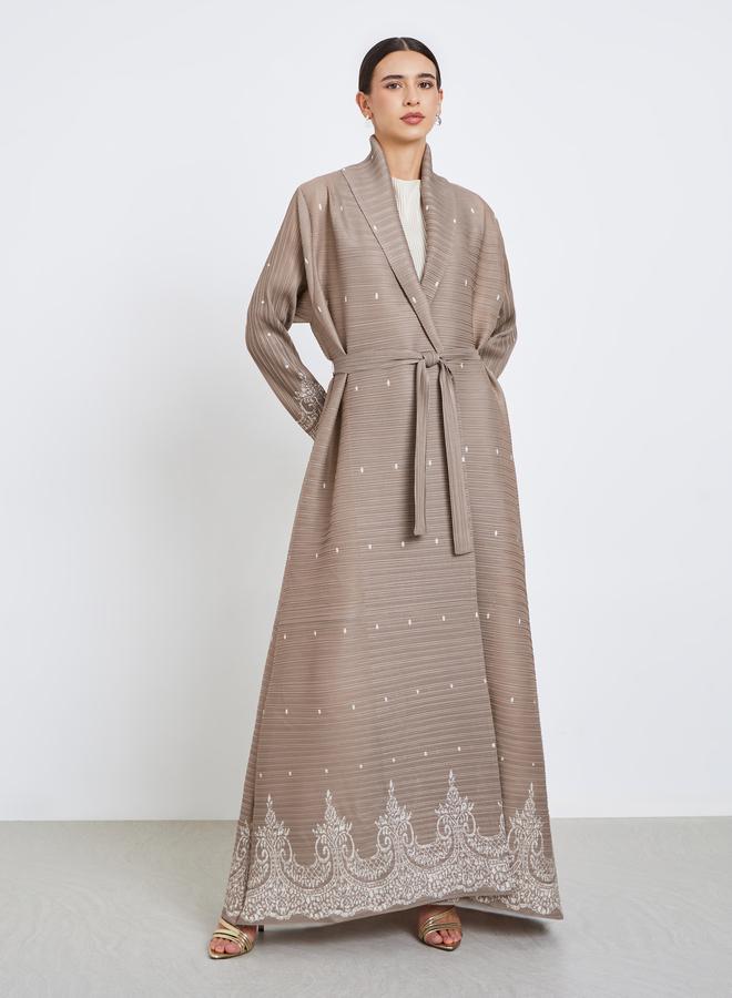Take Two Floral Printed Textured Pleated Belted Long Sleeve Abaya - Image 2