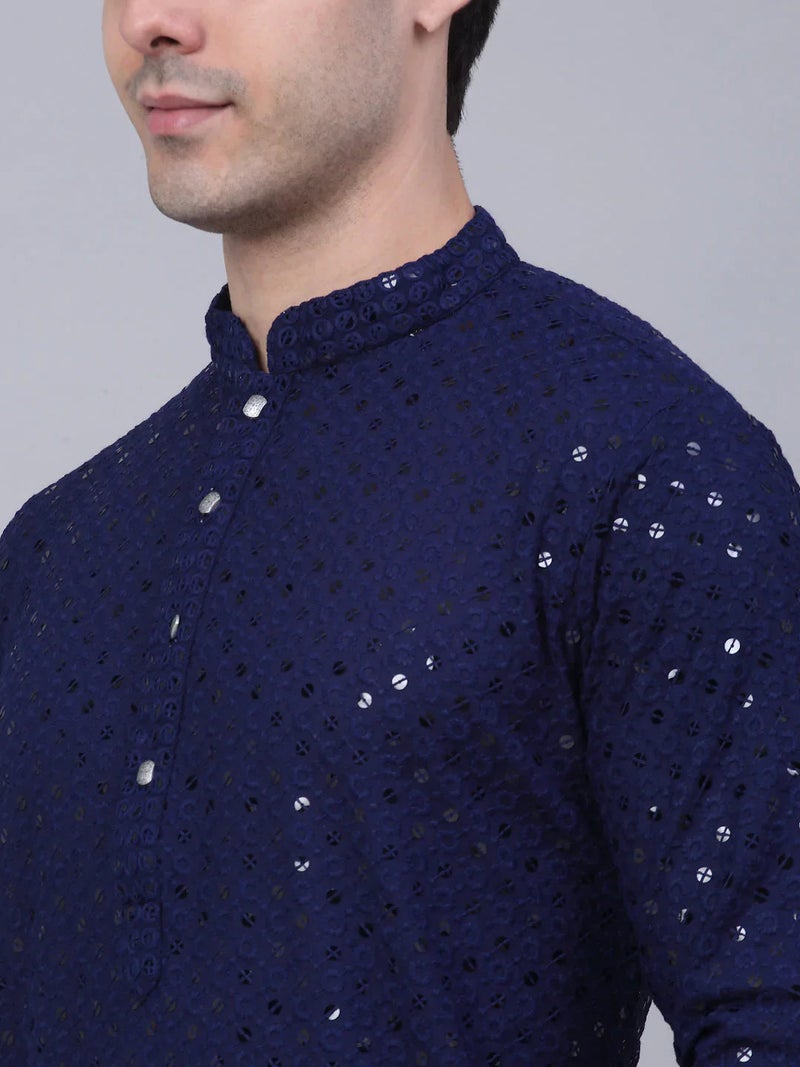 PRASHA men Navy Blue Chikankari Embroidered And Sequence Kurta With Churidar ( Jokp 678 Navy ) - Image 3