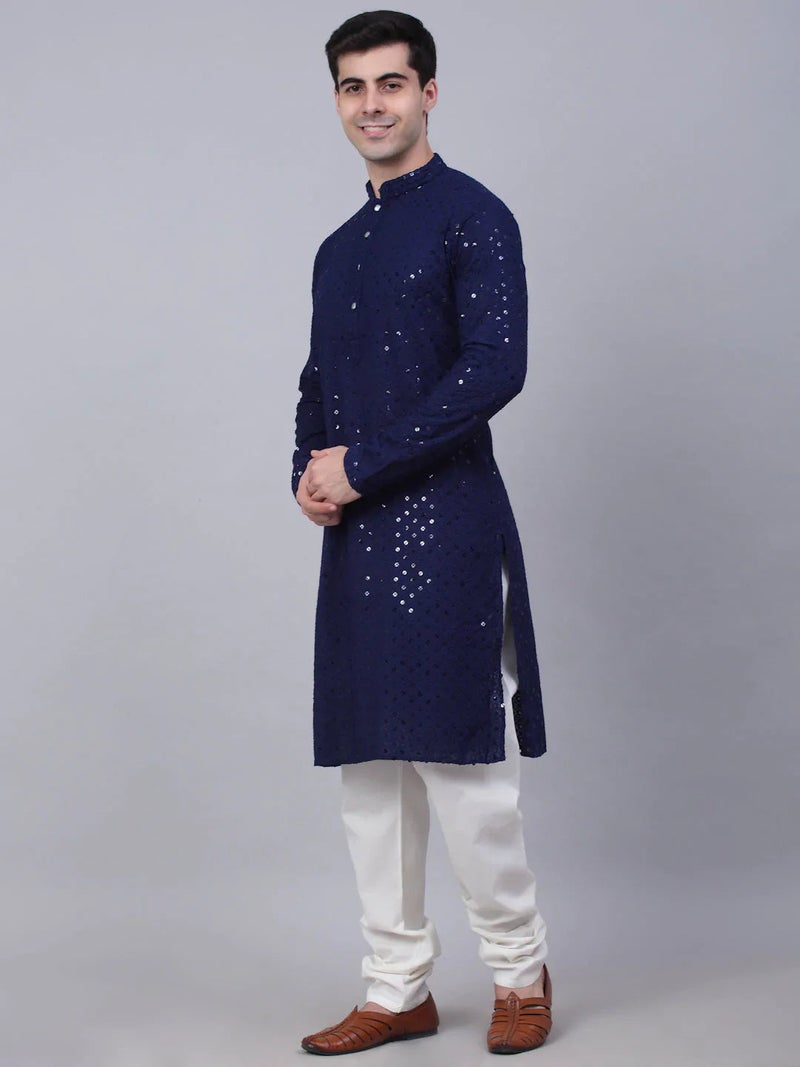 PRASHA men Navy Blue Chikankari Embroidered And Sequence Kurta With Churidar ( Jokp 678 Navy ) - Image 2
