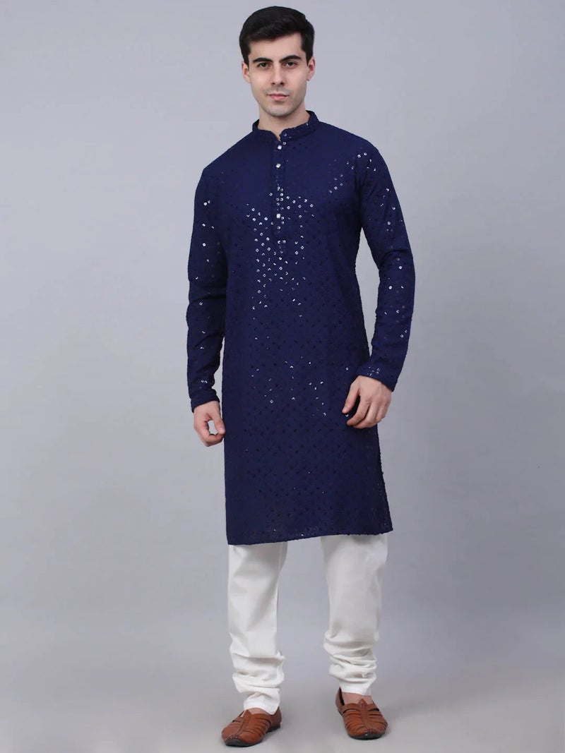 PRASHA men Navy Blue Chikankari Embroidered And Sequence Kurta With Churidar ( Jokp 678 Navy ) - Image 1