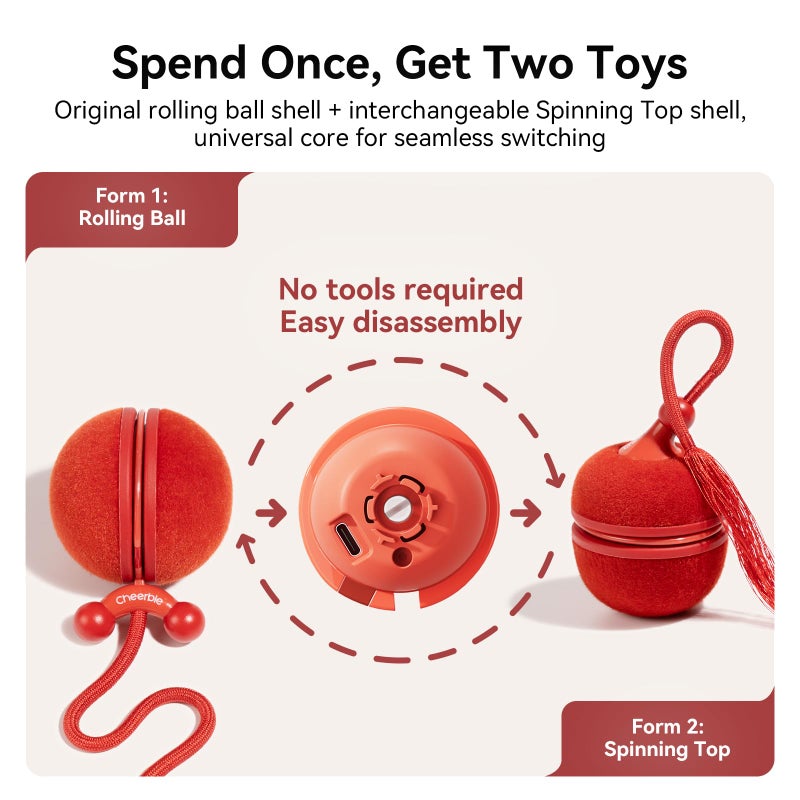 Cheerble 2 in 1 Interactive Cat Toys for Indoor Cats - Wicked Ball Duo2 Automatic Cat Toy, Dual Interchangeable Shells, Electric Cat Toy Ball with Chirping Sounds, Rechargeable Moving Kitten Toys, Red - Image 2