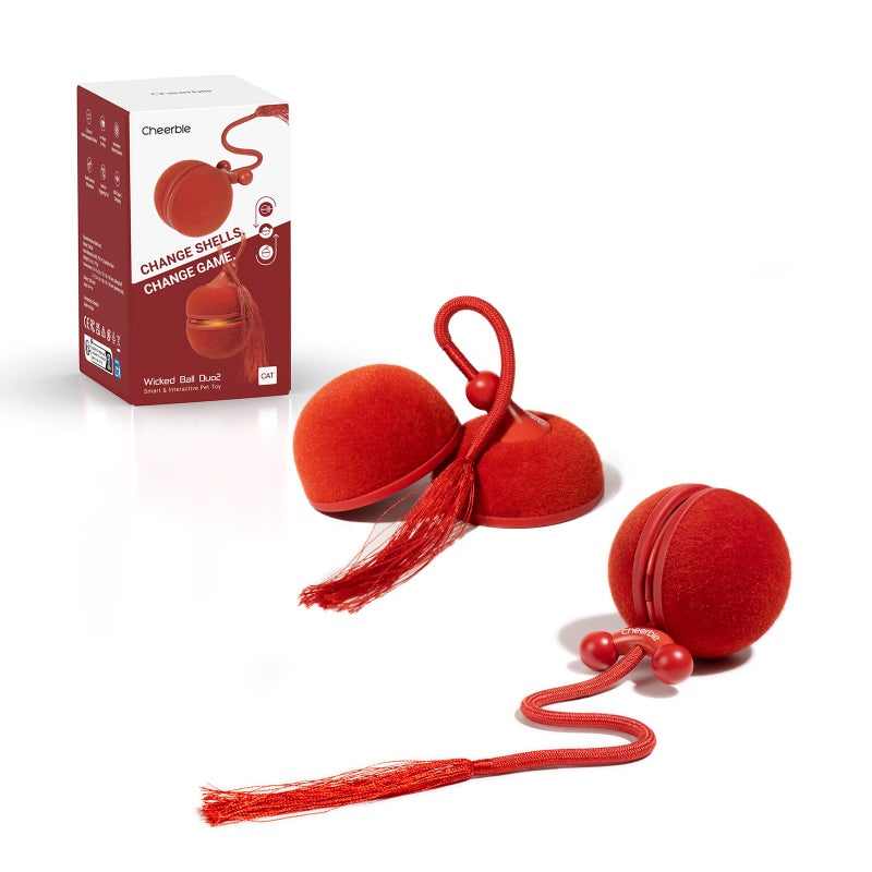 Cheerble 2 in 1 Interactive Cat Toys for Indoor Cats - Wicked Ball Duo2 Automatic Cat Toy, Dual Interchangeable Shells, Electric Cat Toy Ball with Chirping Sounds, Rechargeable Moving Kitten Toys, Red - Image 1