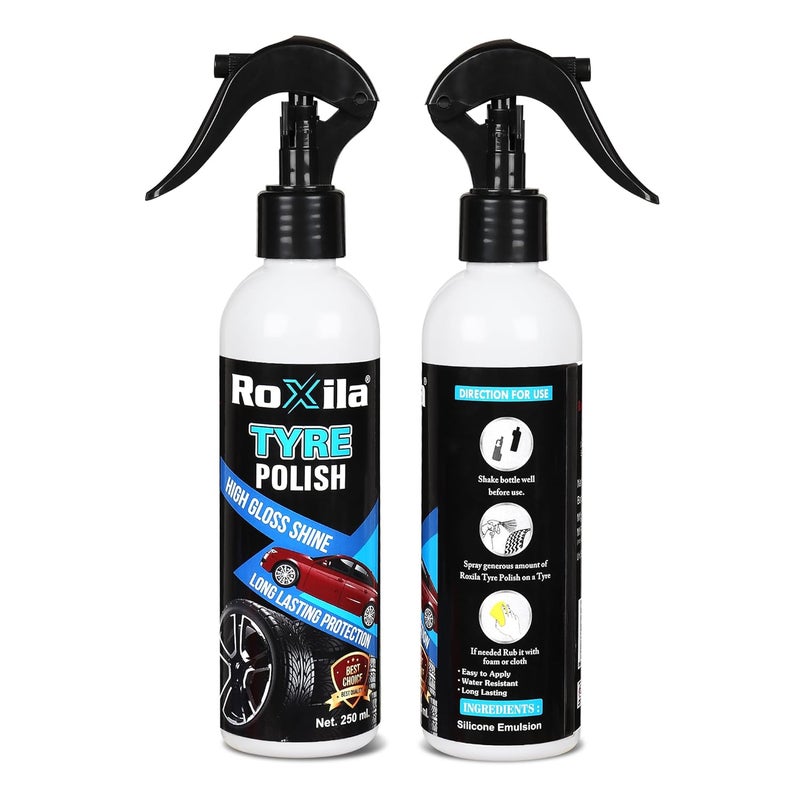 Roxila TYRE POLISH with MICROFIBER CLOTH for Car and Bikes Long lasting Result with Long lasting Protection Super Black Shine for Rubber, Plastic Parts, Dullness, Non Greasy - 250ML - Image 2