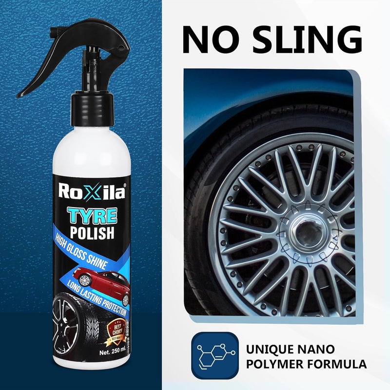 Roxila TYRE POLISH with MICROFIBER CLOTH for Car and Bikes Long lasting Result with Long lasting Protection Super Black Shine for Rubber, Plastic Parts, Dullness, Non Greasy - 250ML - Image 5