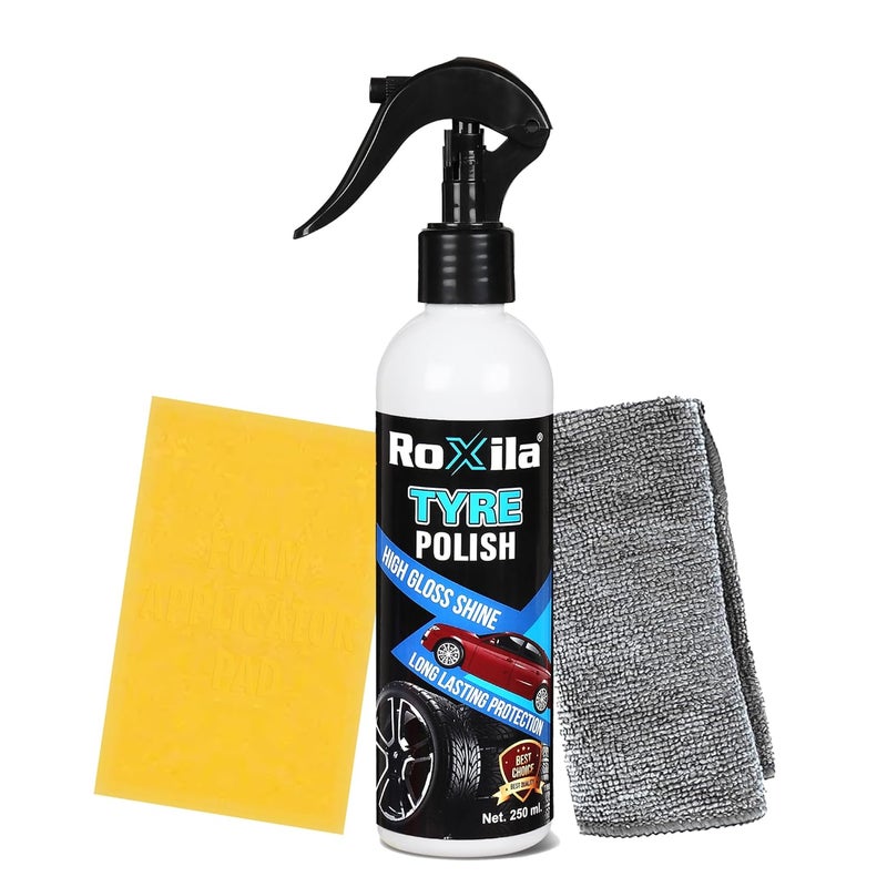 Roxila TYRE POLISH with MICROFIBER CLOTH for Car and Bikes Long lasting Result with Long lasting Protection Super Black Shine for Rubber, Plastic Parts, Dullness, Non Greasy - 250ML - Image 1