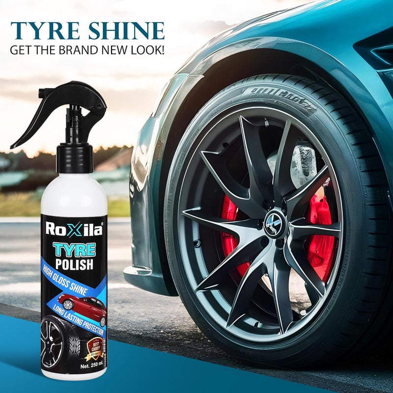 Roxila TYRE POLISH with MICROFIBER CLOTH for Car and Bikes Long lasting Result with Long lasting Protection Super Black Shine for Rubber, Plastic Parts, Dullness, Non Greasy - 250ML - Image 3