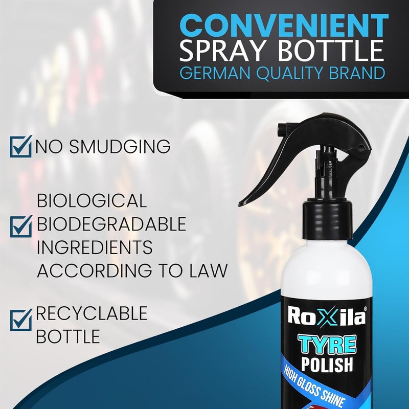 Roxila TYRE POLISH with MICROFIBER CLOTH for Car and Bikes Long lasting Result with Long lasting Protection Super Black Shine for Rubber, Plastic Parts, Dullness, Non Greasy - 250ML - Image 4
