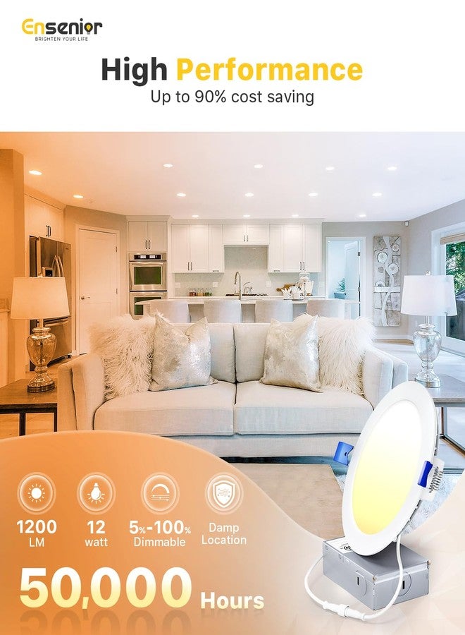 Ensenior 12 Pack 6 Inch Ultra-Thin LED Recessed Ceiling Light with Junction Box, 5000K Daylight, 12W 110W Eqv, Dimmable Can-Killer Downlight, 1050LM High Brightness - ETL and Energy Star Certified - Image 2