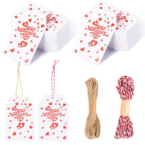 FOBSME 200 Pcs Red Valentine's Day Gift Tags with String 3.35x2.17 Inch Happy Valentine's Day Tags Paper Valentines Heart Hanging Tag for Gift Wrapping, Treat Bags, Party Decorations, DIY Crafts - Image 1